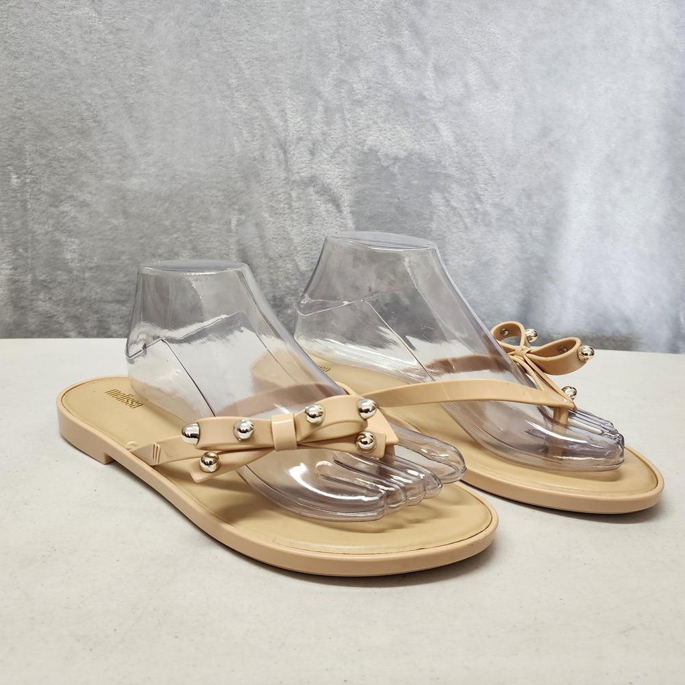 Melissa Sandals Womens Size 10 Slim Li Flip Flops Tan Silver Beaded Bow Thong - Picture 5 of 11